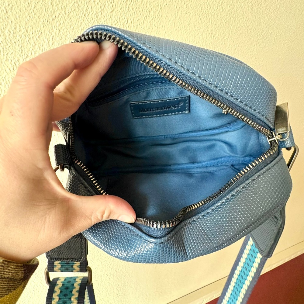 Montana West‎ Blue Lizard Embossed Crossbody Bag Woven Stripe Guitar Strap Logo - Picture 10 of 13